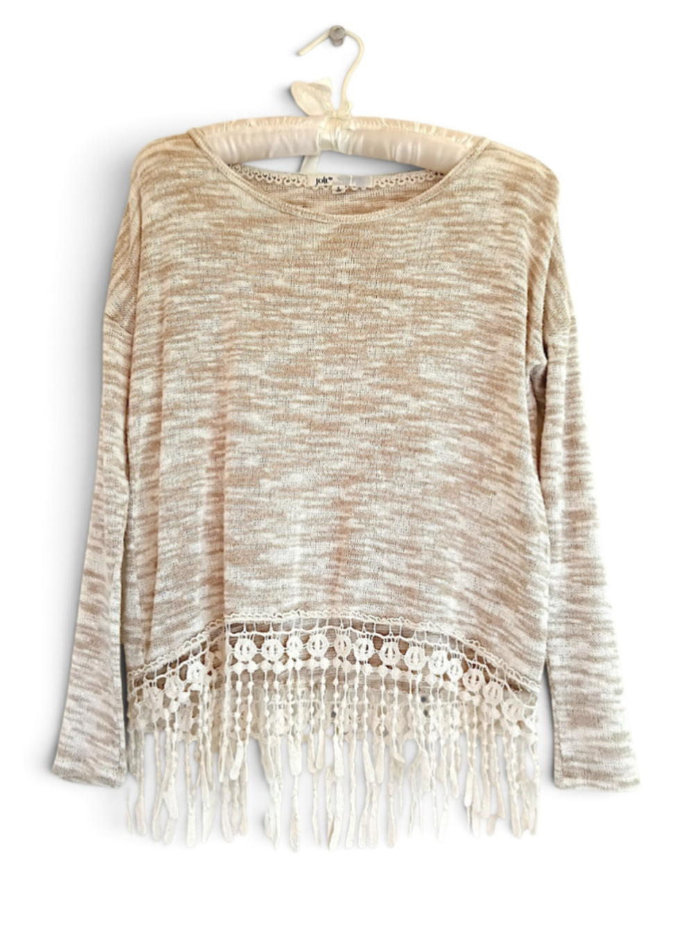 Jolt Cream heathered Crochet Fringe Sweater knit boho Top tan beige soft comfy